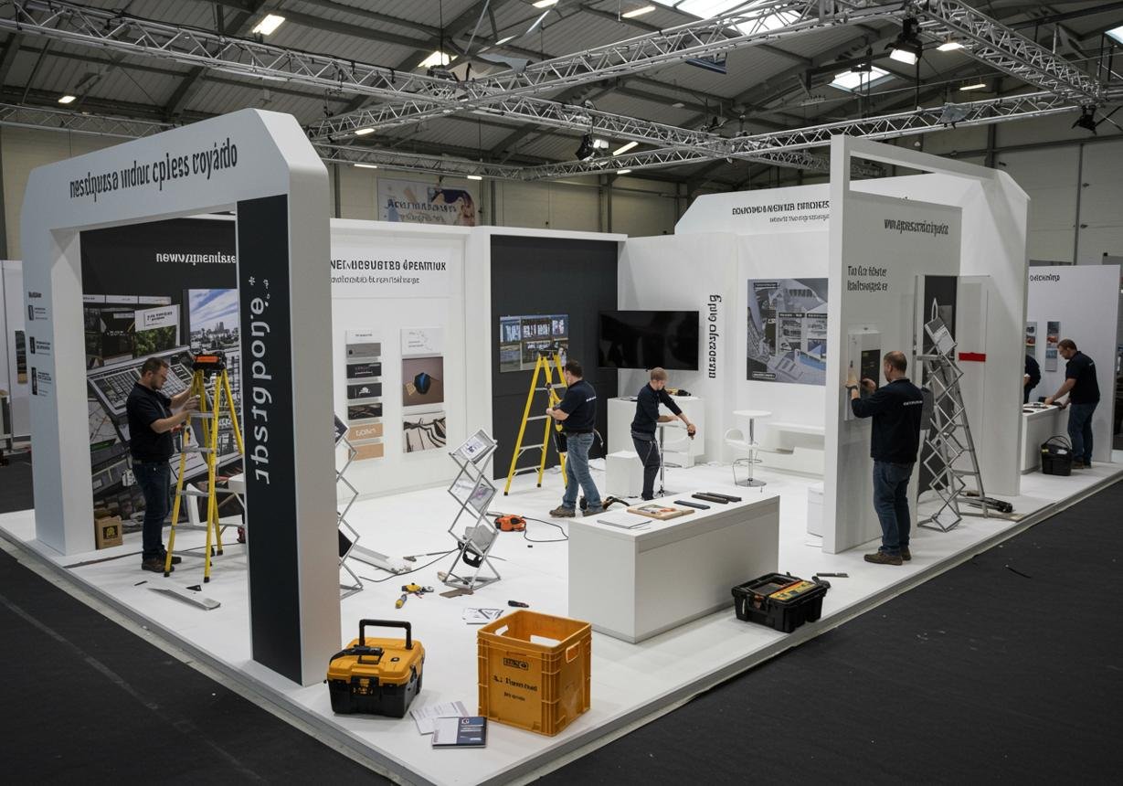 Exhibition hall floor with branded exhibitor booths and visitors